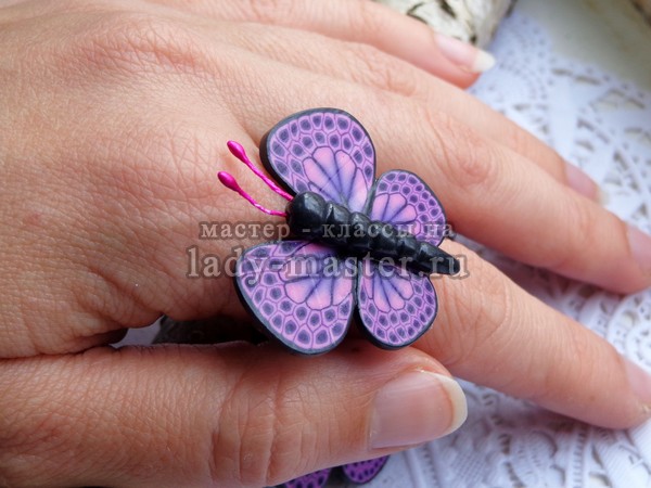 кольцо с бабочками из полимерной глины, мастер - класс с фото